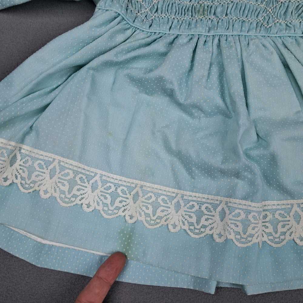 Vintage Handmade Girls Dress Size 4-5 Blue White Lace‎ Trimmed Polka Dot 50s 60s - Picture 11 of 15